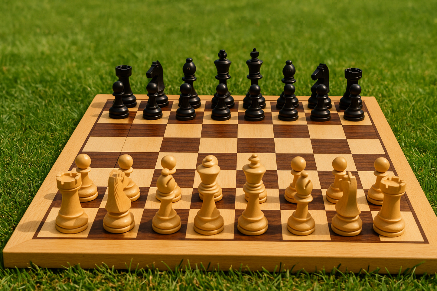 place chess set on green lawn