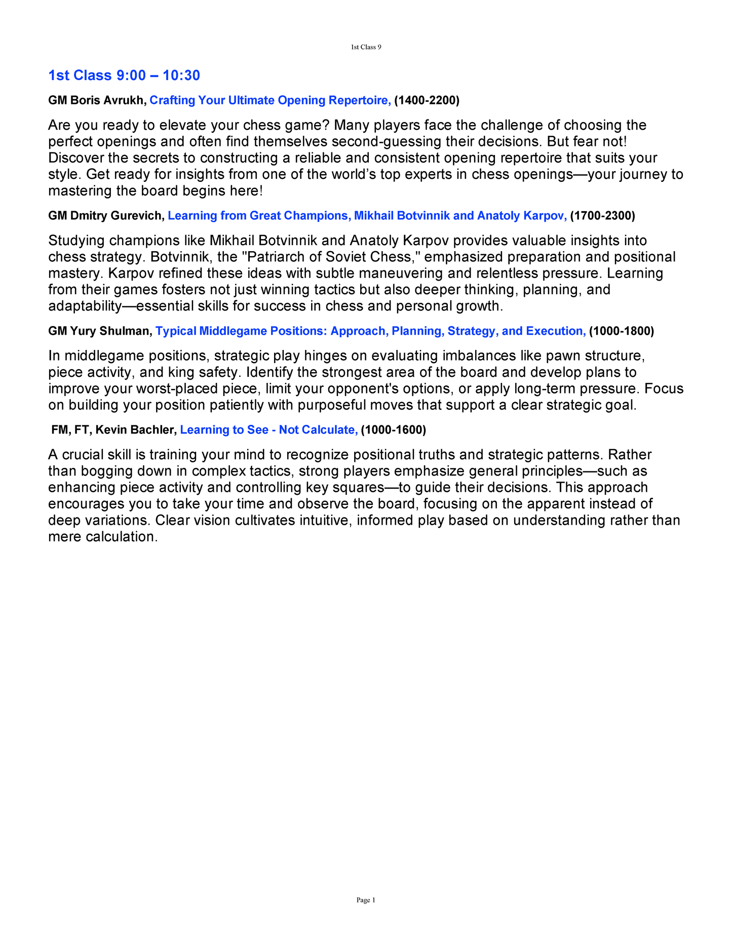 Chess Mastery Workshop - October 4