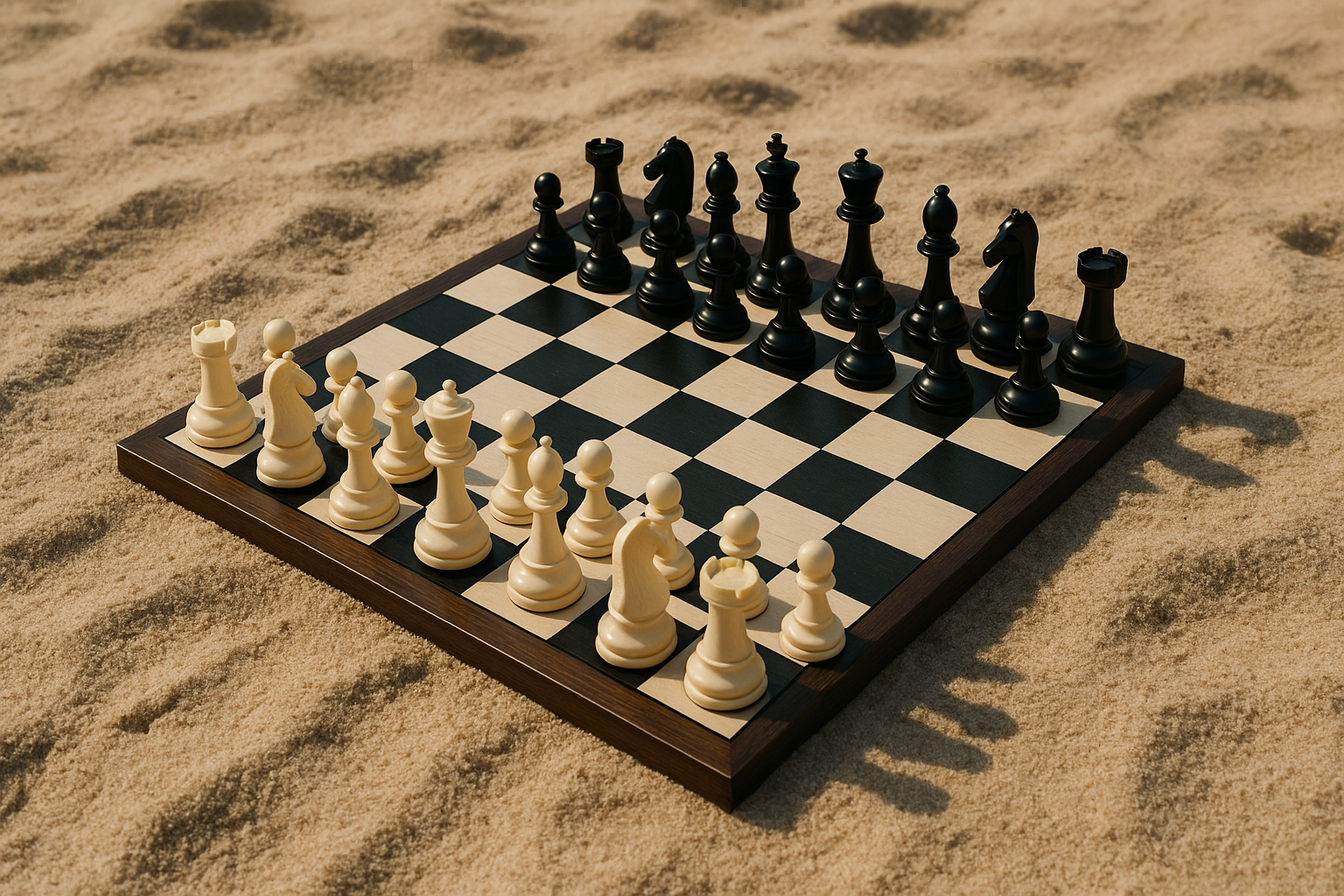 chess set in starting position in the sand