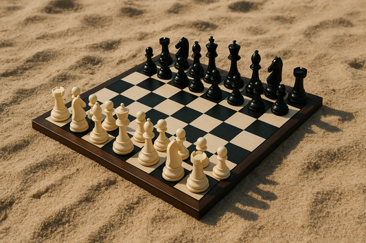 chess set in starting position in the sand