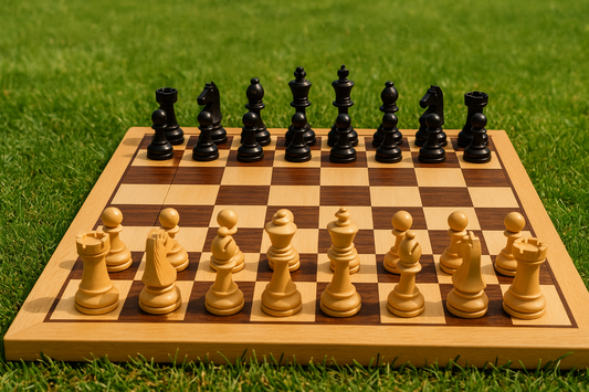 place chess set on green lawn